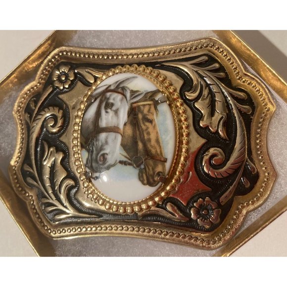 Vintage Metal Belt Buckle, Two Horses, Nice Stone, Nice Design, 3 3/4" x 2 1/2", - Picture 3 of 4